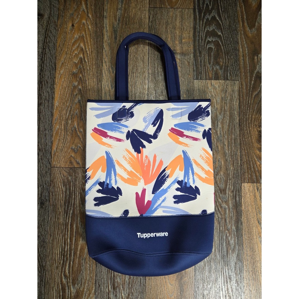 Tupperware Neoprene Tote Bag Navy Blue Abstract Floral Brushstroke Print Snap